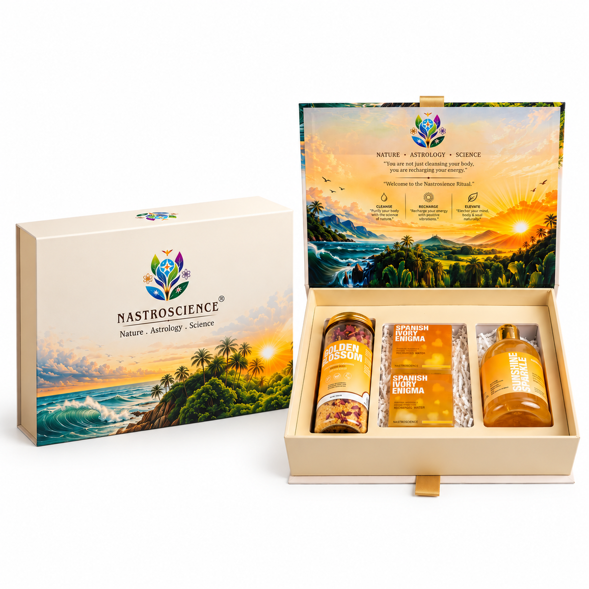 NASTROSCIENCE Bath & Body Care Gift Box, 2 Crystal Soaps, Shower Gel & Bath Salt-Spanish Ivory Enigma