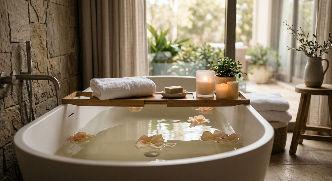 relaxing spa bathtub with candles and flowers for aura cleansing and bath ritual experience