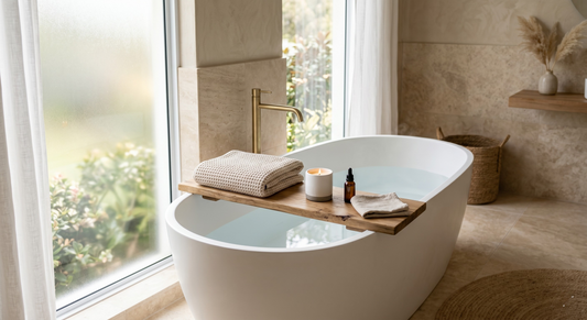 Minimalist luxury bathtub with natural light, candles, and bath setup, representing calm, self-care, and energy cleansing ritual