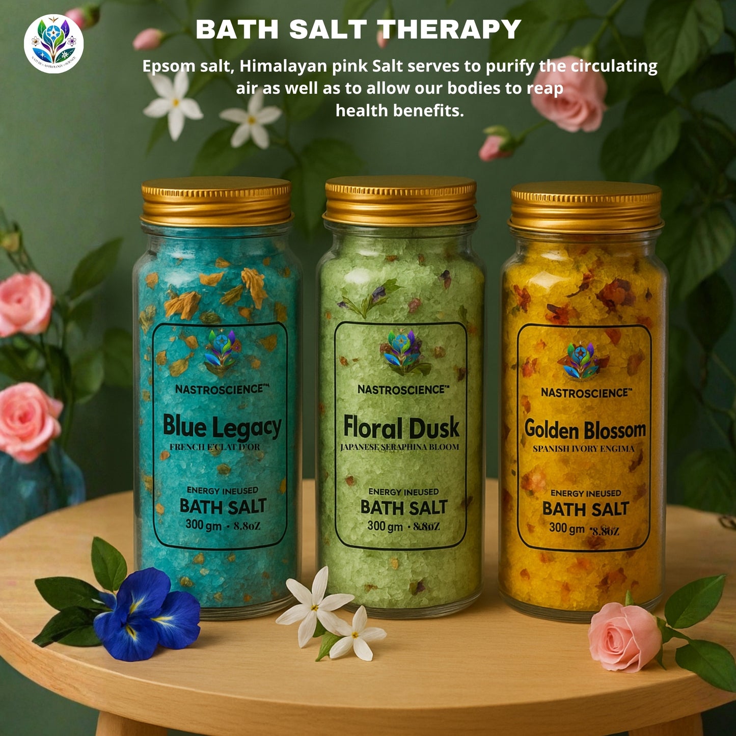 Floral Dusk,Golden Blossom & Blue Legacy Energy Infused Bath Salt