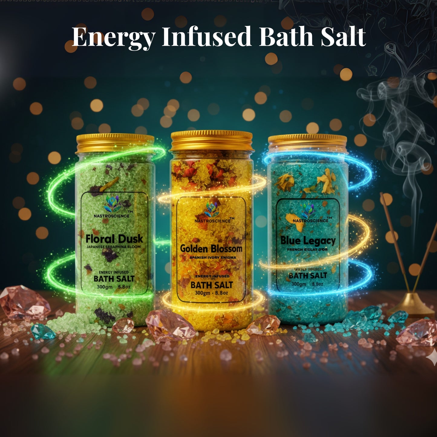 Floral Dusk,Golden Blossom & Blue Legacy Energy Infused Bath Salt
