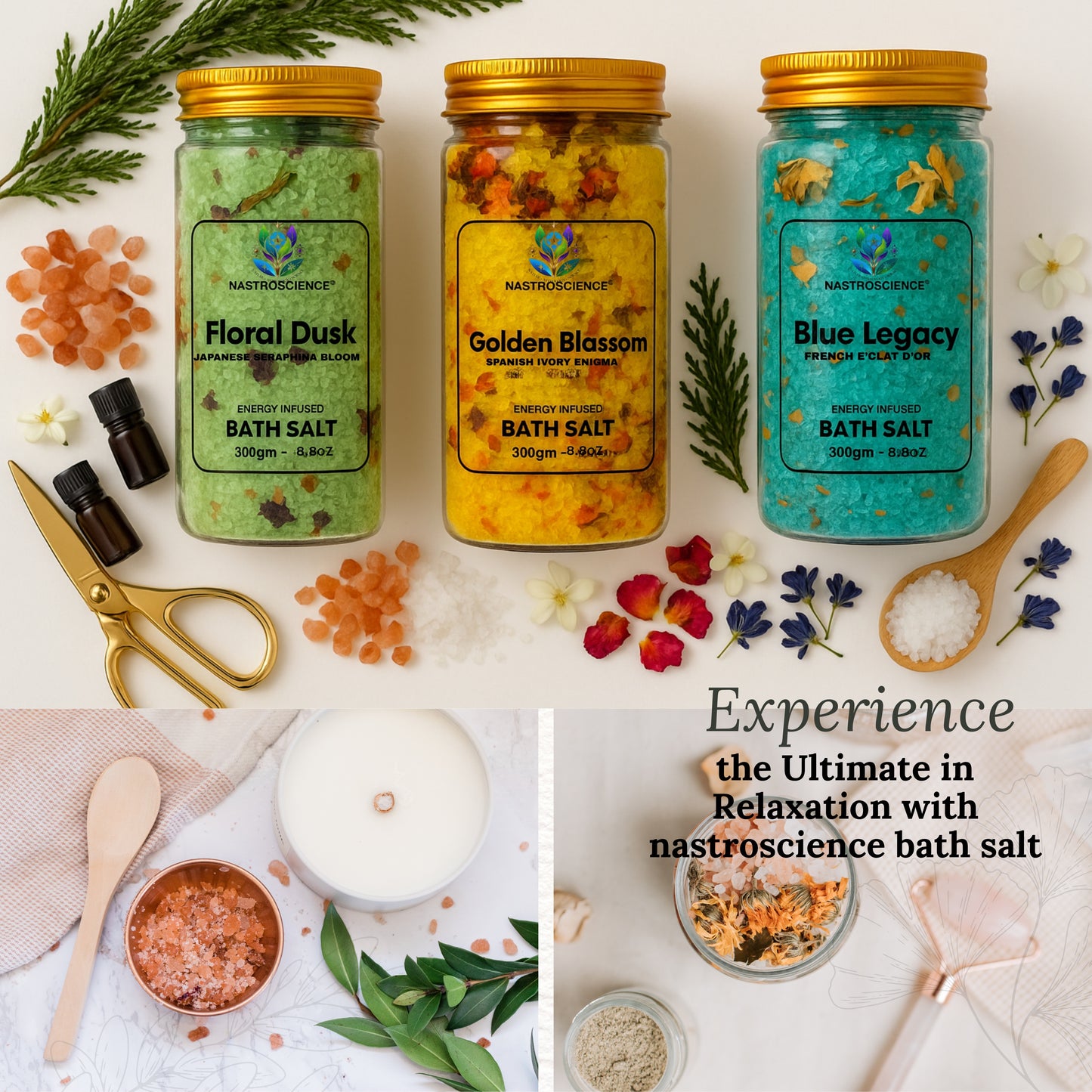 Floral Dusk,Golden Blossom & Blue Legacy Energy Infused Bath Salt