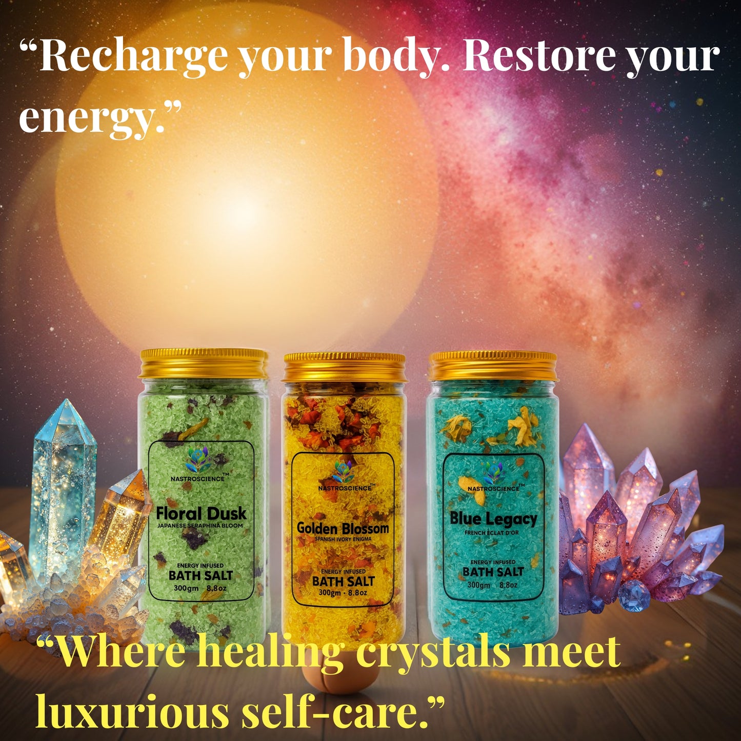 Floral Dusk,Golden Blossom & Blue Legacy Energy Infused Bath Salt