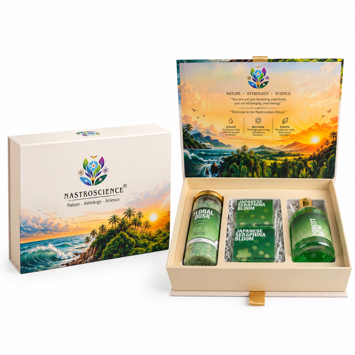 NASTROSCIENCE Bath & Body Care Gift Box – 2 Crystal Soaps, Shower Gel & Energy Infused Bath Salt – Japanese Seraphina Bloom