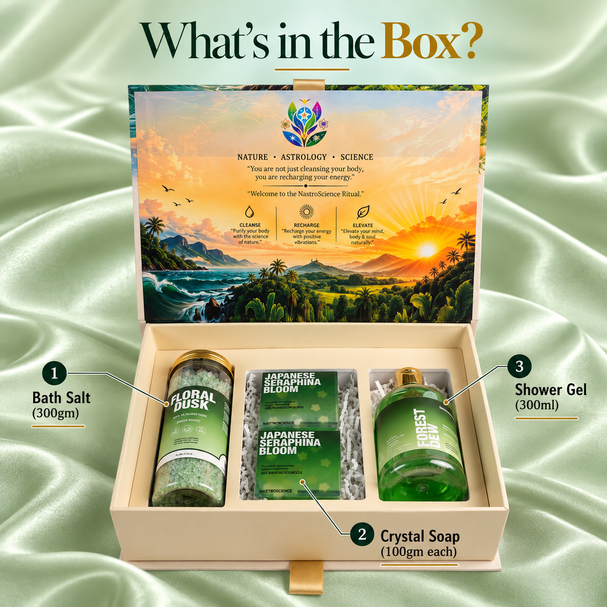 NASTROSCIENCE Bath & Body Care Gift Box – 2 Crystal Soaps, Shower Gel & Energy Infused Bath Salt – Japanese Seraphina Bloom