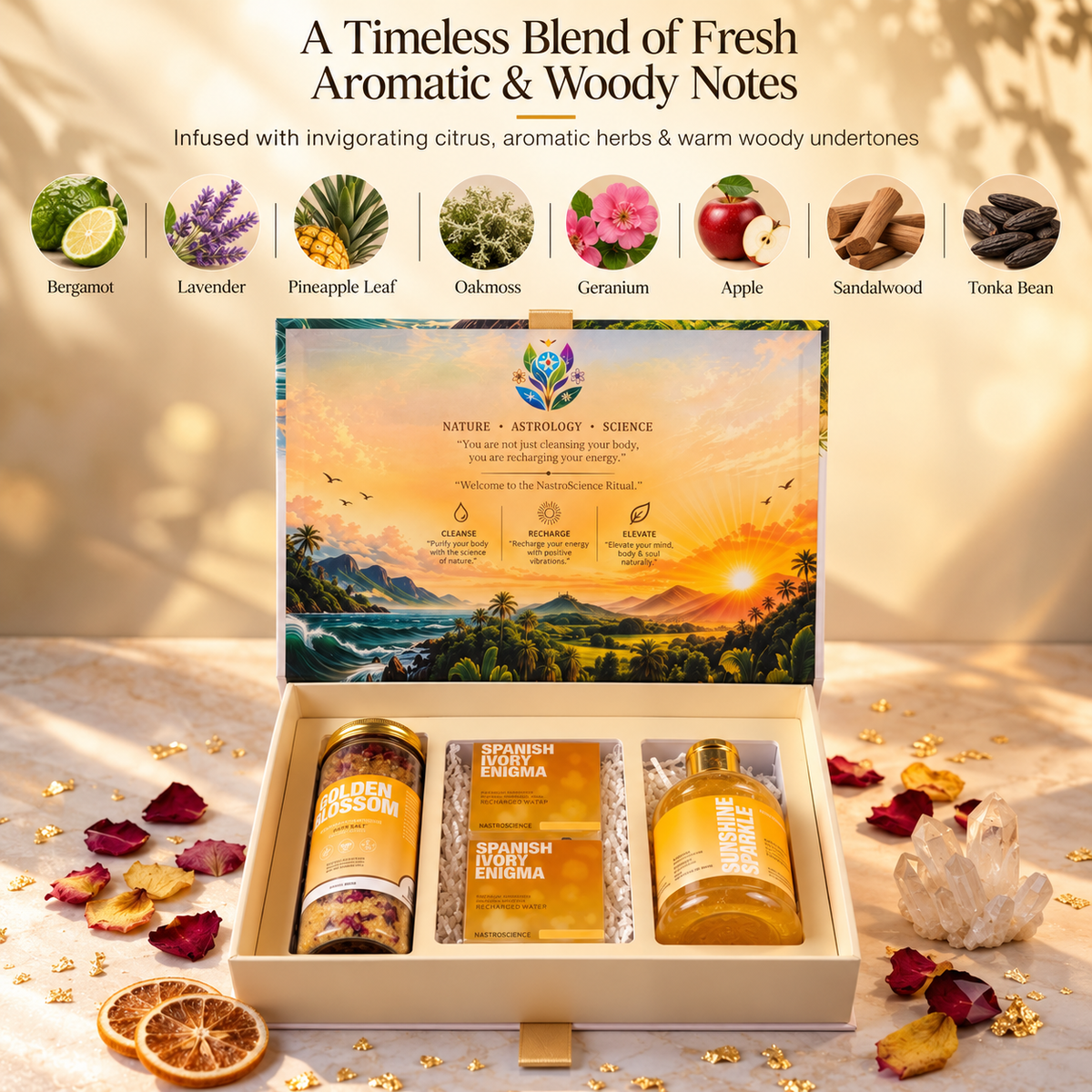 NASTROSCIENCE Bath & Body Care Gift Box, 2 Crystal Soaps, Shower Gel & Bath Salt-Spanish Ivory Enigma