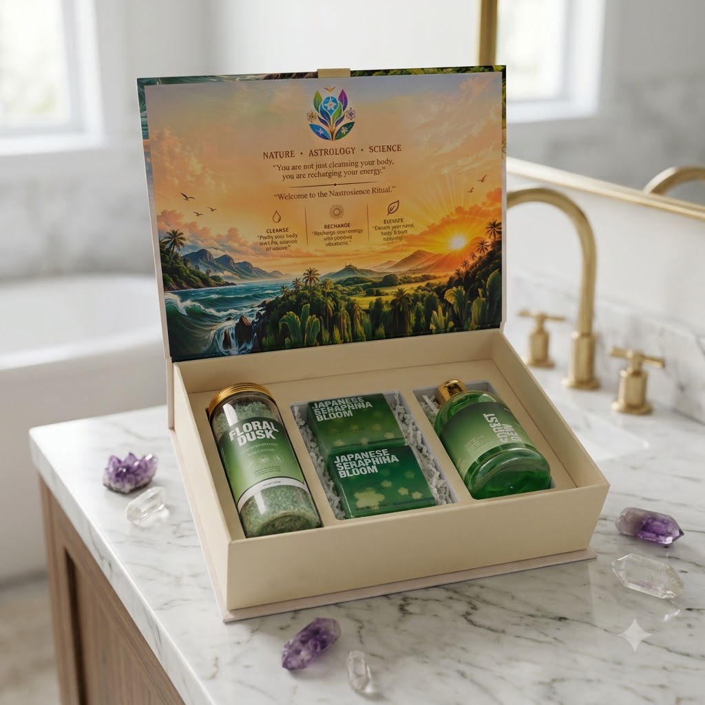 NASTROSCIENCE Bath & Body Care Gift Box – 2 Crystal Soaps, Shower Gel & Energy Infused Bath Salt – Japanese Seraphina Bloom